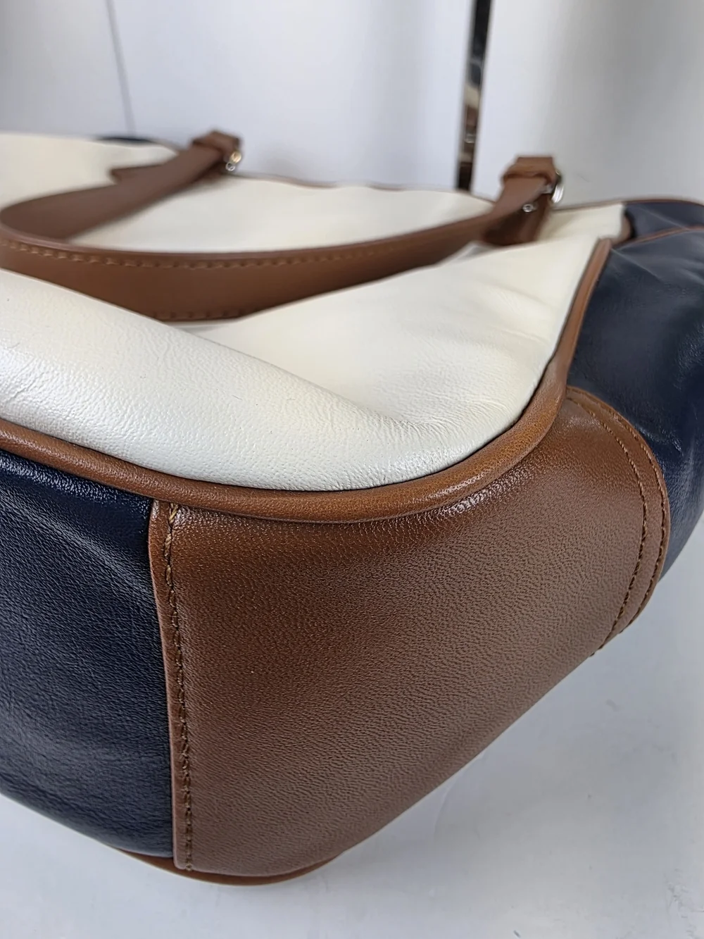 Coach Park Y2K Colorblock White & Navy Leather Tote with Brown Trim Shoulder Bag